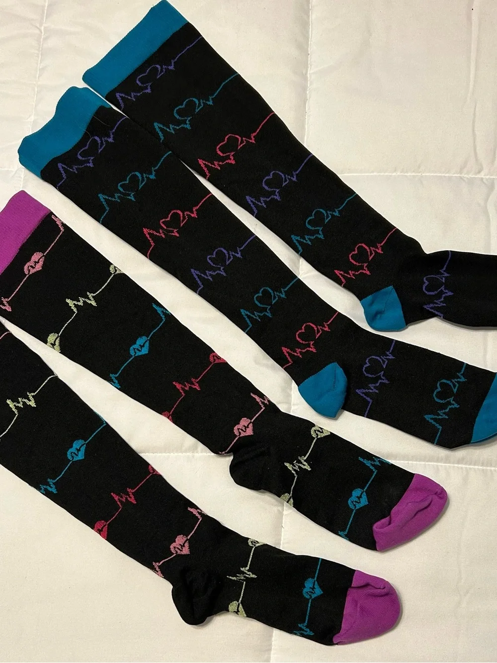 Black Knee-High Compression Socks with Multicolor Heartbeat Pattern